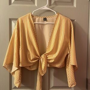 SHEIN Yellow & White Striped Tie-Front Crop Top
